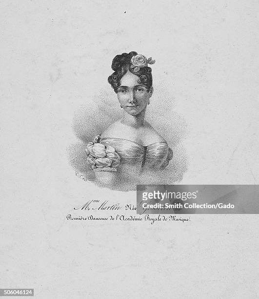 Madame Martin , portrait, with original French caption reading "première danseuse de l'Académie royale de musique", translated "Premiere Dancer of...