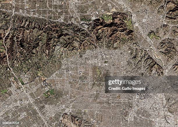 Satellite view of Hollywood on December 13, 2015 in Los Angeles, USA. Hollywood centred, Griffith Park to the North with Hollywood Hills and...