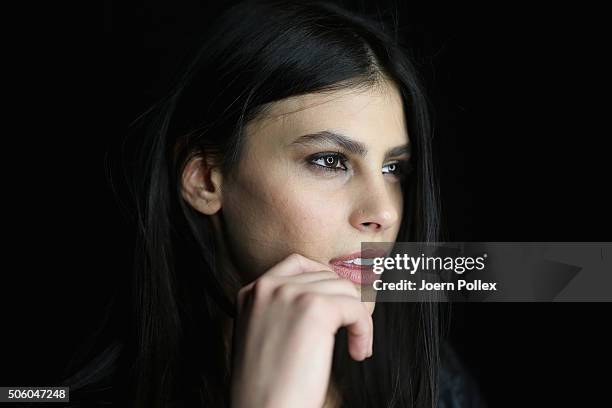 Model Alisar Ailabouni is seen backstage ahead of the Dimitri show during the Mercedes-Benz Fashion Week Berlin Autumn/Winter 2016 at Brandenburg...