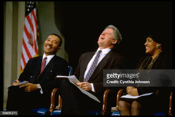 Ex-Representative Kweisi Mfume, US President Bill Clinton & outgoing NAACP head Myrlie Evers-Williams in lighthearted moment during Mfume's...