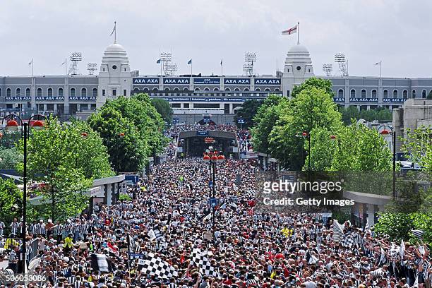 Newcastle United fans make their way up Wembley Way before the 1999 FA Cup Final against Manchester United on May 22, 1999 in Wembley, London,...