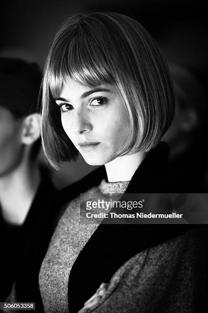 Model is seen backstage ahead of the Kilian Kerner show during the Mercedes-Benz Fashion Week Berlin Autumn/Winter 2016 at Ellington Hotel on January...