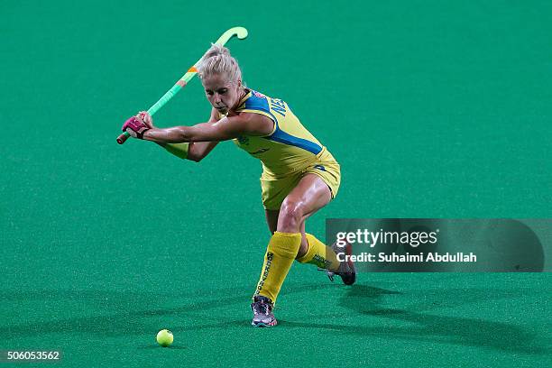 Ashleigh Nelson of Australia of Australia in action against Germany during the TPG International Tri Series at Sengkang Hockey Stadium on January 21,...