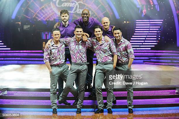 Jay McGuiness, Ainsley Harriott, Jake Wood, Kevin Clifton, Aljaz Skorjanec, Gleb Savchenko and Giovanni Pernice pose for a photo during the Strictly...