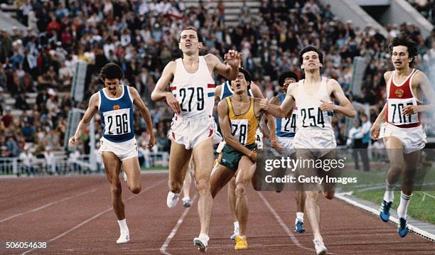 Steve Ovett of Great Britain wins the men's 800 metres final from teammate and silver medallist Sebastian Coe and bronze medallist Nikolai Kirov of...