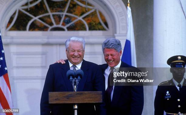 Pres. Bill Clinton bantering w. Boris Yeltsin , at mikes in summit briefing during Russian Pres.'s visit for UN 50th anniv. Fete, at FDR's estate.