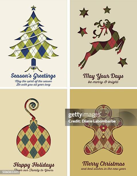 retro argyle christmas card set - stencil font stock illustrations