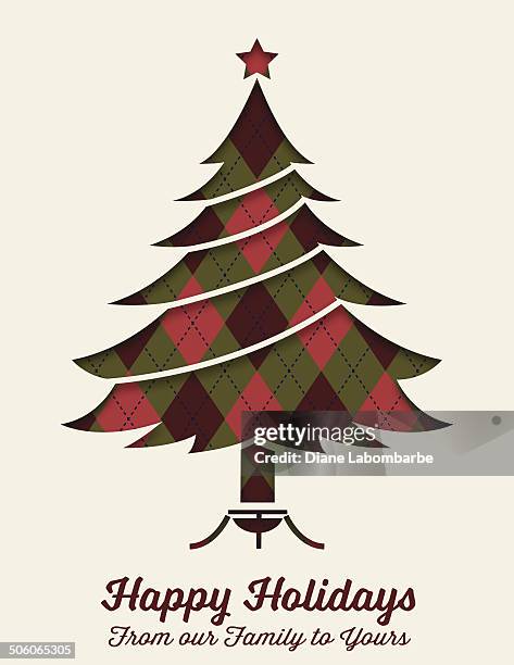 retro argyle christmas card with tree - stencil font stock illustrations