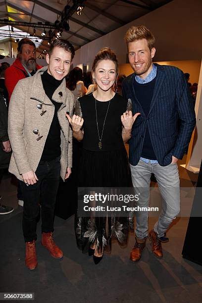 Sebastiano Schweitzer, Linda Hesse and Maxi Arland attend the Ewa Herzog show during the Mercedes-Benz Fashion Week Berlin Autumn/Winter 2016 at...