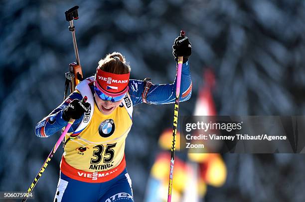 Gabriela Soukalova of the Czech Republic competes during the IBU Biathlon World Cup Women's Sprint on January 21, 2016 in Antholz-Anterselva, Italy.