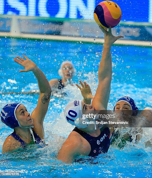 Barbara Bujka of Hungary in action against Aleksandra Cotti of Italy during the Women's Semifinal match between Italy and Hungary at the Waterpolo...