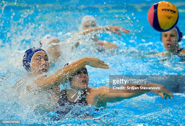 Barbara Bujka of Hungary in action against Federica Radicchi of Italy during the Women's Semifinal match between Italy and Hungary at the Waterpolo...
