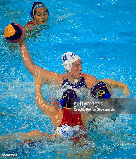 Lieke Klaassen of Netherlands in action against Roser Tarrago and Marta Bach of Spain during the Women's Semifinal match between Spain and...