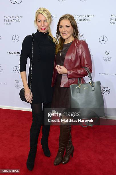 Giulia Siegel and Simone Ballack attend the Zukker show during the Mercedes-Benz Fashion Week Berlin Autumn/Winter 2016 at Brandenburg Gate on...