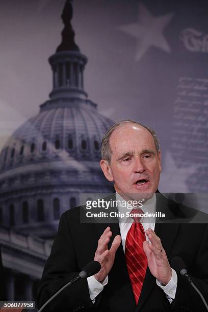 Sen. James Risch talks about imposing more sanctions against Iran during a news conference with other Republicans at the U.S. Capitol January 21,...