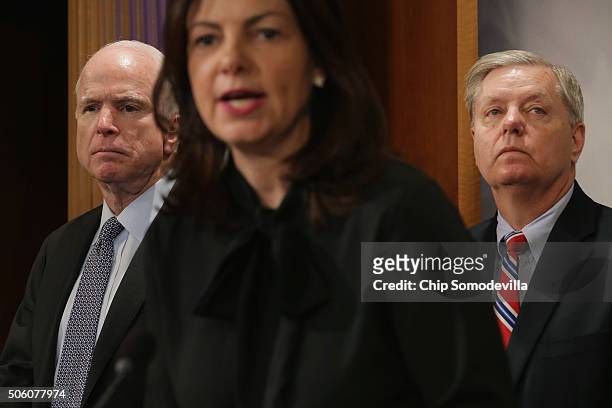 Senate Armed Services Chairman John McCain , Sen. Kelly Ayotte and Sen. Lindsey Graham hold a news conference to talk about imposing more sanctions...