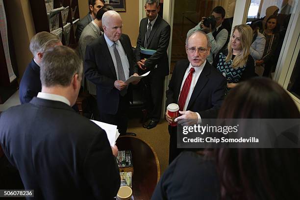 Senate Armed Services Chairman John McCain , Sen. Kelly Ayotte , Sen. Lindsey Graham , Sen. James Risch and Sen. Dan Sullivan prepare for a news...