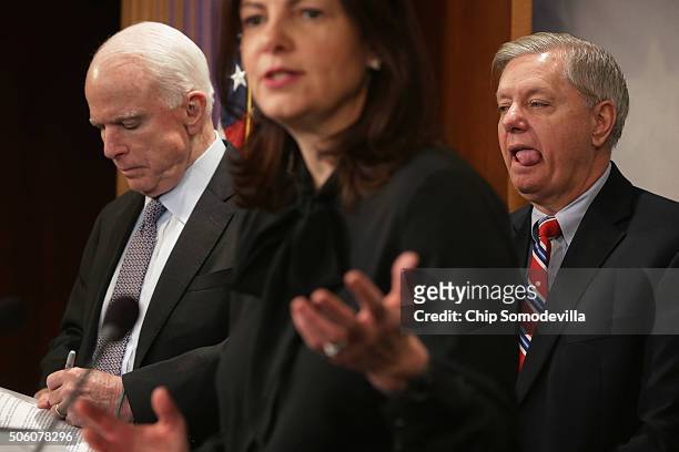 Senate Armed Services Chairman John McCain , Sen. Kelly Ayotte and Sen. Lindsey Graham hold a news conference to talk about imposing more sanctions...