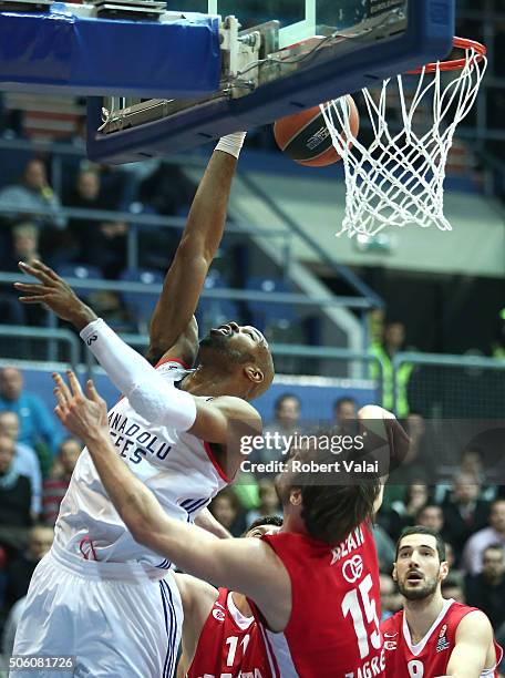 Alex Tyus, #2 of Anadolu Efes Istanbul competes with Miro Bilan, #15 of Cedevita Zagreb during the Turkish Airlines Euroleague Basketball Top 16...