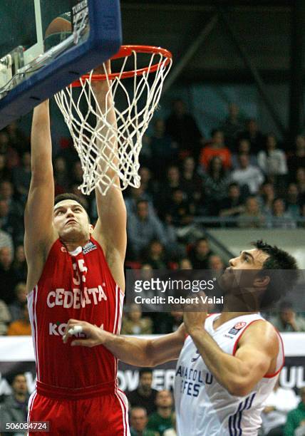Marko Arapovic, #35 of Cedevita Zagreb competes with Dario Saric, #9 of Anadolu Efes Istanbul Turkish Airlines Euroleague Basketball Top 16 Round 4...