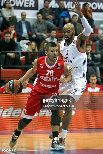 Nemanja Gordic, 20 of Cedevita Zagreb competes with Alex Tyus, #2 of Anadolu Efes Istanbul during the Turkish Airlines Euroleague Basketball Top 16...