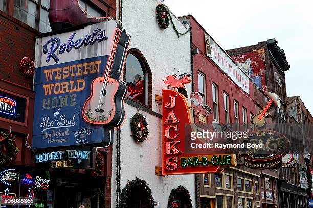 Entertainment bars, lounges and shops on Broadway in downtown Nashville on December 30, 2015 in Nashville, Tennessee.