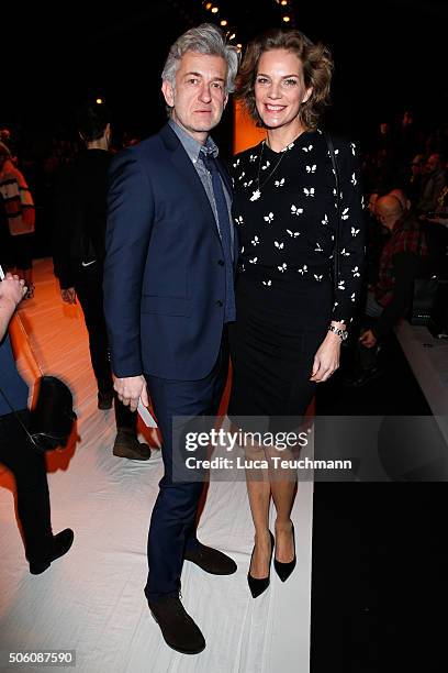 Alexandra Rohleder and Dominic Raacke attend the Baldessarini show during the Mercedes-Benz Fashion Week Berlin Autumn/Winter 2016 at Brandenburg...