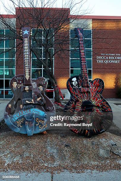 January 01: Guitar sculptures sits outside DECCA Records & The Quonset Hut on January 1, 2016 in Nashville, Tennessee.