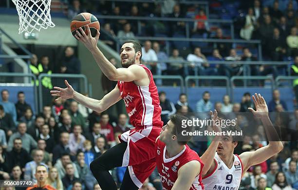 Luka Babic, #9 of Cedevita Zagreb Dario Saric, #9 of Anadolu Efes Istanbul during the Turkish Airlines Euroleague Basketball Top 16 Round 4 game...