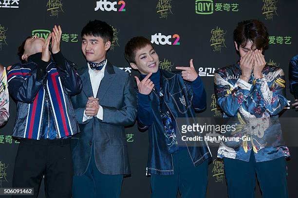 Boy band EXO attends the photocall for the 30th Golden Disc Awards at KyungHee University on January 21, 2016 in Seoul, South Korea.