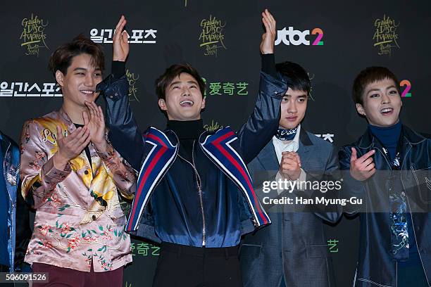 Boy band EXO attends the photocall for the 30th Golden Disc Awards at KyungHee University on January 21, 2016 in Seoul, South Korea.