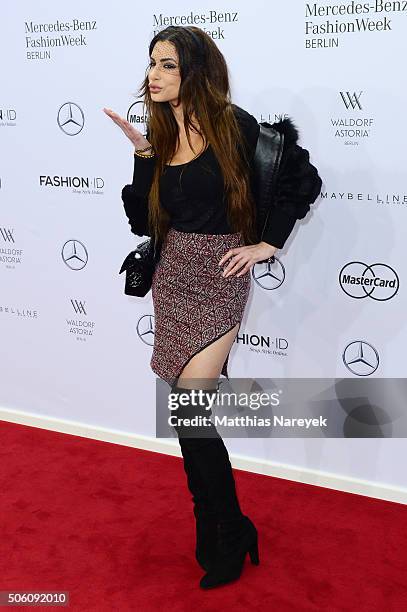 Joanna Tuczynska attends the Tulpen Design show during the Mercedes-Benz Fashion Week Berlin Autumn/Winter 2016 at Brandenburg Gate on January 21,...