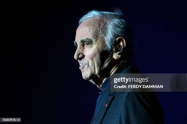 French-Armenian singer Charles Aznavour performs at the Heineken Music Hall in Amsterdam on January 21 during his farewell tour. / Netherlands OUT