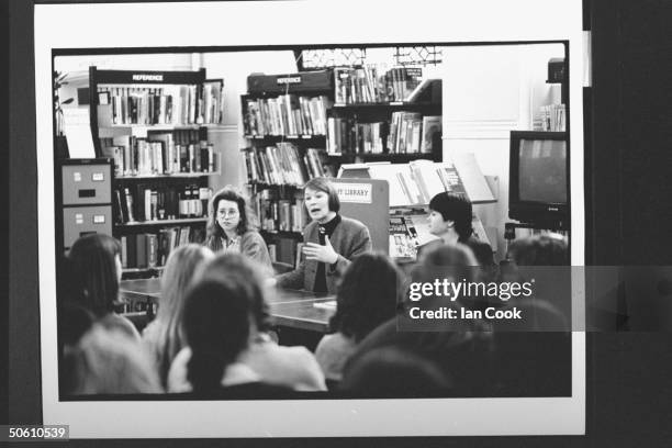 Actress/Labour Party cand. For Parliament Glenda Jackson animatedly discussing the question What is Feminism? at a gathering of young women at...