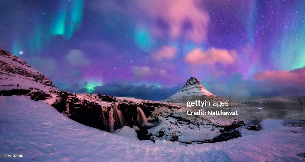 Panoramic View of Kirkjufell Mountain with Aurora