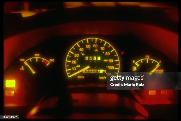 Glowing dashboard, w. Prominent speedometer, of 1992 Pontiac Grand Am car, re GE contract to supply GM w. Tiny light bulbs in danger fr. More...