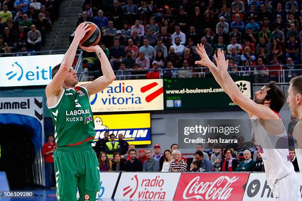 Fabien Causeur, #5 of Laboral Kutxa Vitoria Gasteiz in action during the Turkish Airlines Euroleague Basketball Top 16 Round 4 game between Laboral...