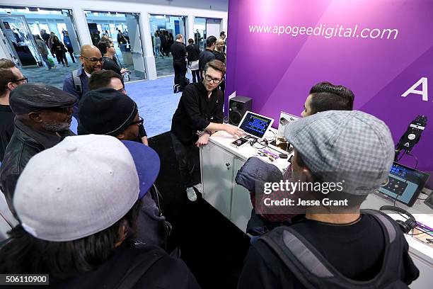 Convention goers experience the exhibits at the at the 2016 NAMM Show Opening Day at the Anaheim Convention Center on January 21, 2016 in Anaheim,...