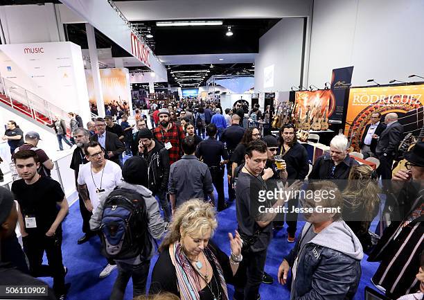 Convention goers experience the exhibits at the at the 2016 NAMM Show Opening Day at the Anaheim Convention Center on January 21, 2016 in Anaheim,...