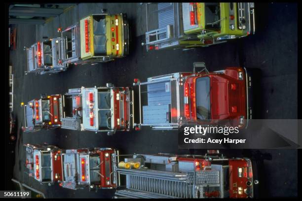 Fire trucks manufactured by Federal Signal just off the assembly line. Prob. Oak Brook.