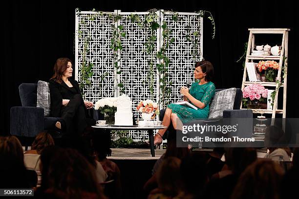 Nigella Lawson speaks with Natarsha Belling during a Business Chicks function at Westin Hotel on January 22, 2016 in Sydney, Australia.