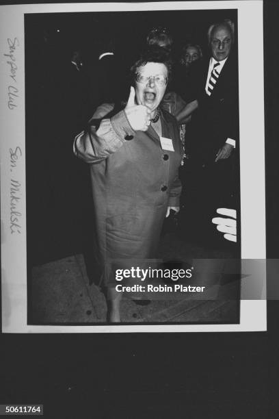 Sen. Barbara Mikulski giving thumbs-up sign at party for Dem. Supporters hosted by TX Gov. Ann Richards during the wk. Of the Dem. Natl. Convention.