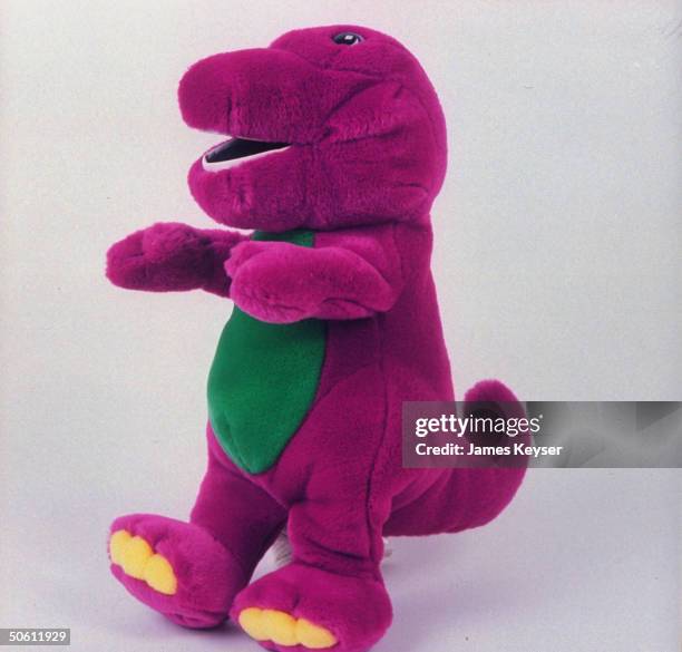 Stuffed Barney the dinosaur, star character of popular public TV children's show Barney & Friends.