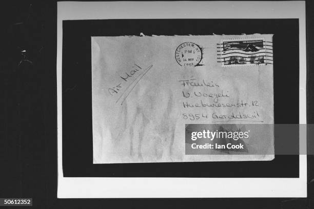 Closeup of air-mailed envelope adorned w. Stamp, addressed to Nicole Voegeli which was sent to her by Swiss au pair Olivia Riner, who is charged in...