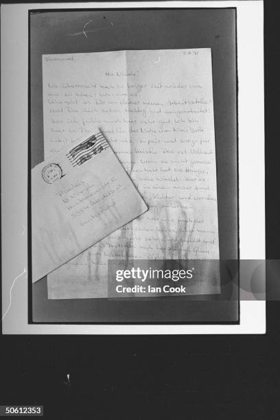 Closeup of letter & air-mailed envelope addressed to Nicole Voegeli which was sent to her by her best friend, au pair Olivia Riner, who is charged in...