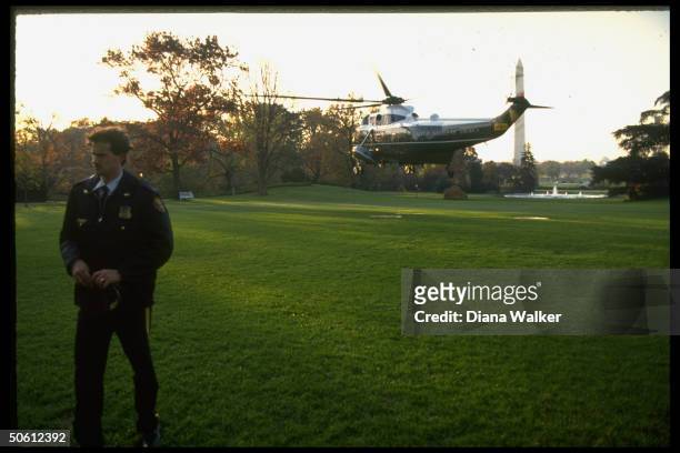 Marine One copter lifting-off WH lawn as Pres. Bush retreats after losing election to Clinton.