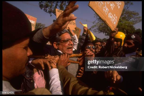 Police scuffling w. Artists & media people marching in protest of Hindu razing of Ayodhya mosque & communal politics of fundamentalist BJP Hindu...