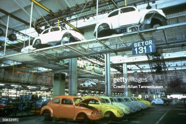 Beetle car bodies lining floor of Volkswagen production plant, re 1993 mfg. Resumption by on Autolatina after 1986 phase out.