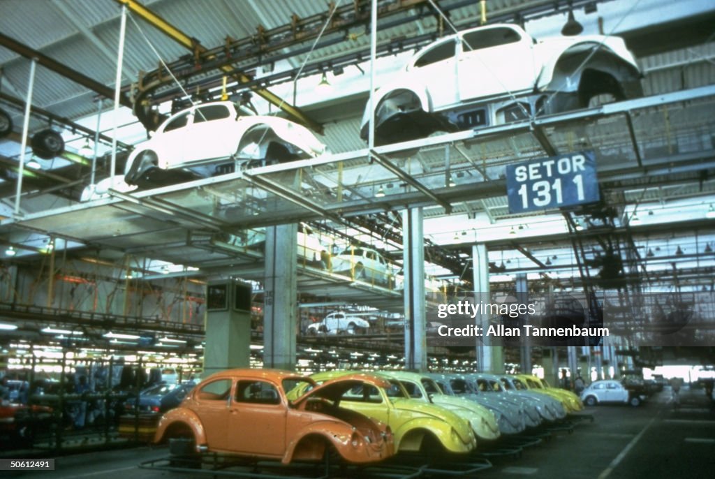 Beetle car bodies lining floor of Volksw