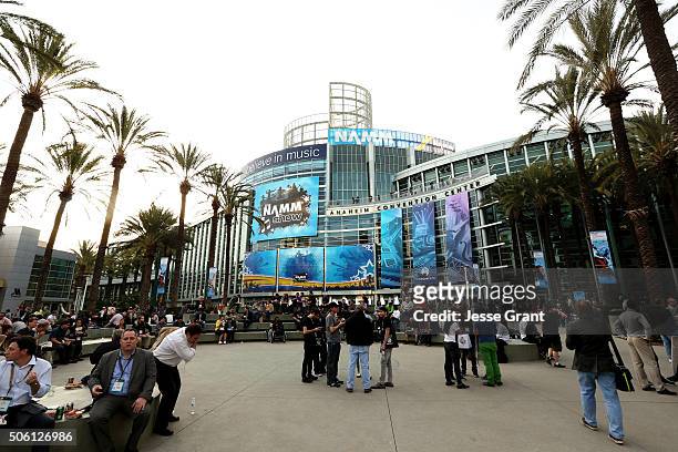The Anaheim Conevntion Center is seen with NAMM signage at the 2016 NAMM Show Opening Day at the Anaheim Convention Center on January 21, 2016 in...